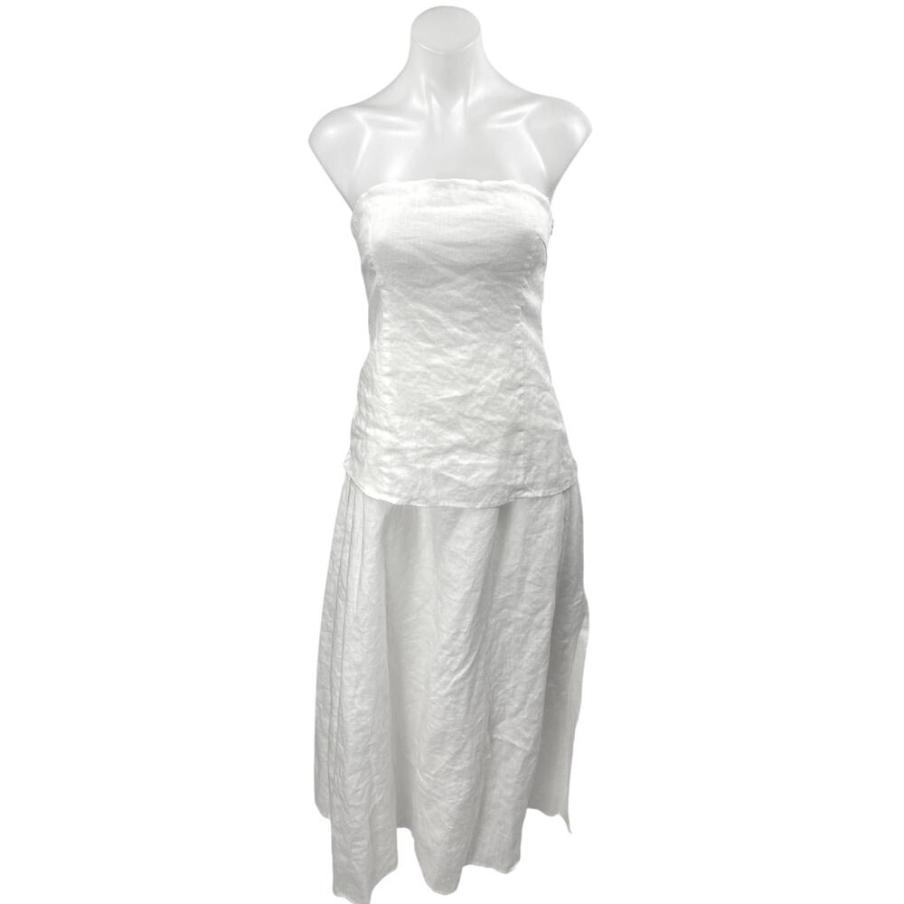 DISSH White 100% Linen Strapless Sleeveless Cutout Tube Midi Fit & Flare Dress 4